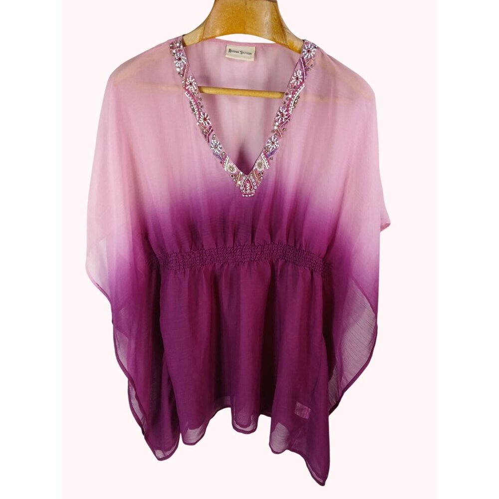 Rhona Sutton Ombre Pink Purple Beaded V Neck Sheer Tunic Top Cover Up Size M